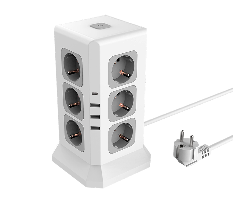 Tira de alimentación multifunción con cable E11 con 12 tomas de corriente de estilo europeo, 3 puertos USB-A y 1 puerto USB-C, con interruptor