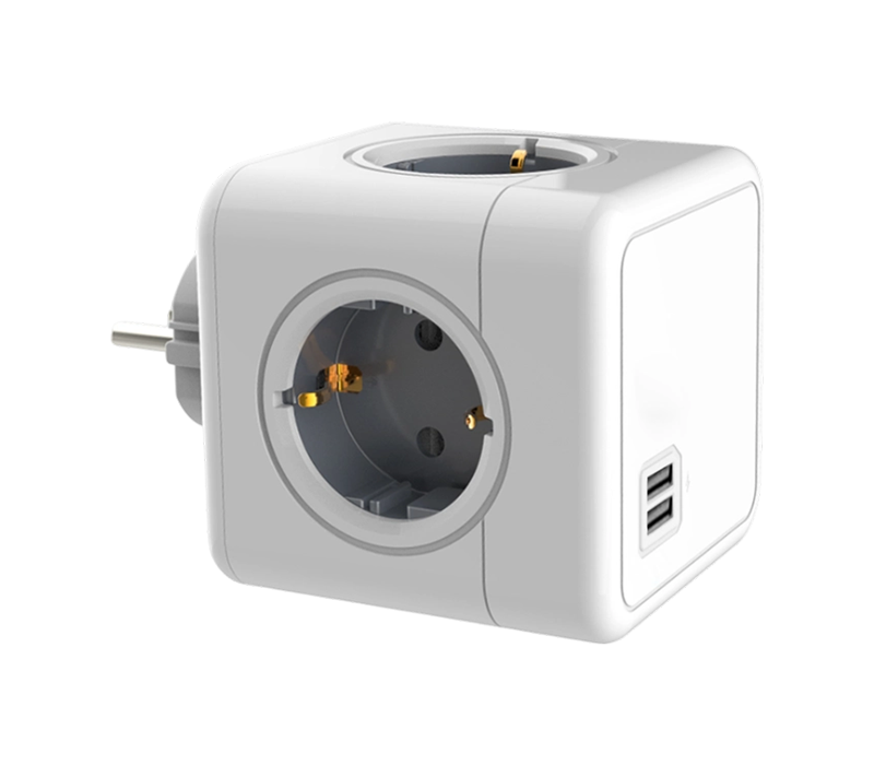 Tira de alimentación cúbica enchufable E02A con 4 tomas de corriente estilo europeo y 2 puertos USB-A