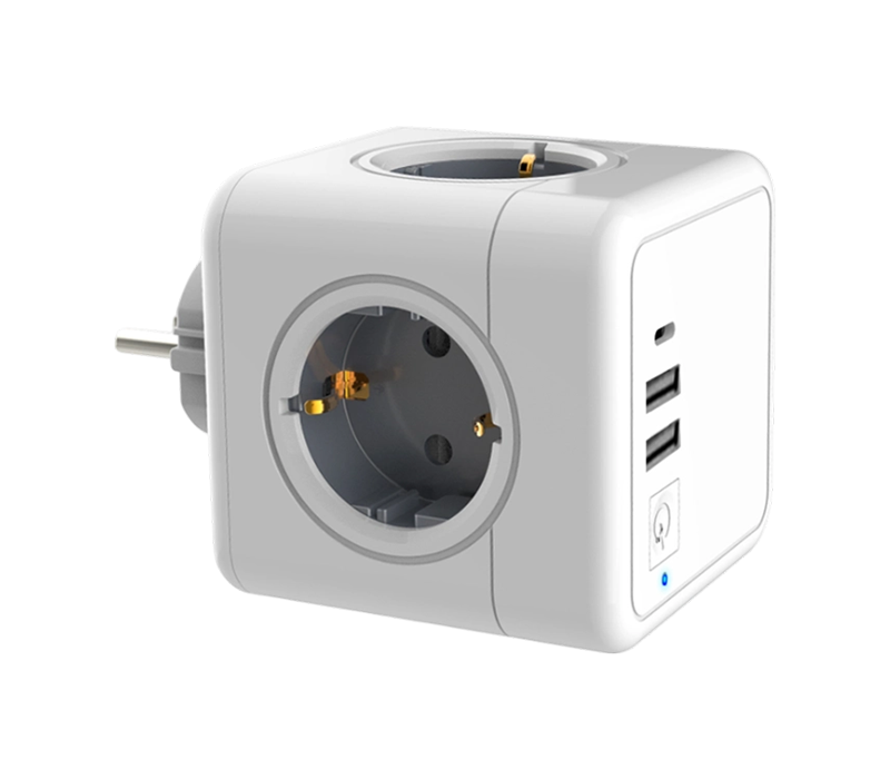 Tira de alimentación cúbica enchufable E02C con 4 tomas de corriente estilo europeo, 2 puertos USB-A y 1 puerto USB-C