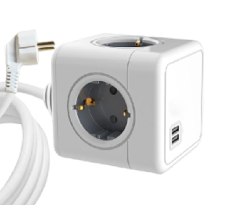 Tira de alimentación cúbica con cable E04A con 4 tomas de corriente de estilo europeo y 2 puertos USB-A