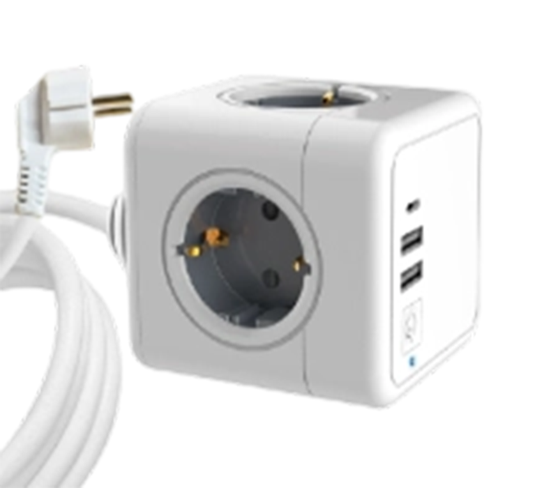 Tira de alimentación cúbica con cable E04C con 4 tomas de corriente de estilo europeo, 2 puertos USB-A y 1 puerto USB-C
