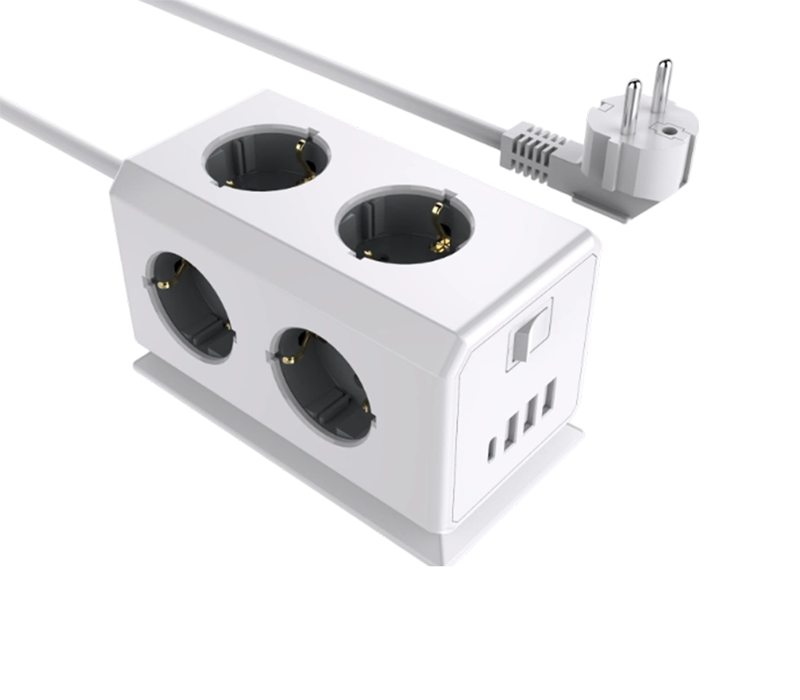 Tira de alimentación multifunción con cable E08 con 6 tomas de corriente de estilo europeo, 3 puertos USB-A y 1 puerto USB-C, con interruptor