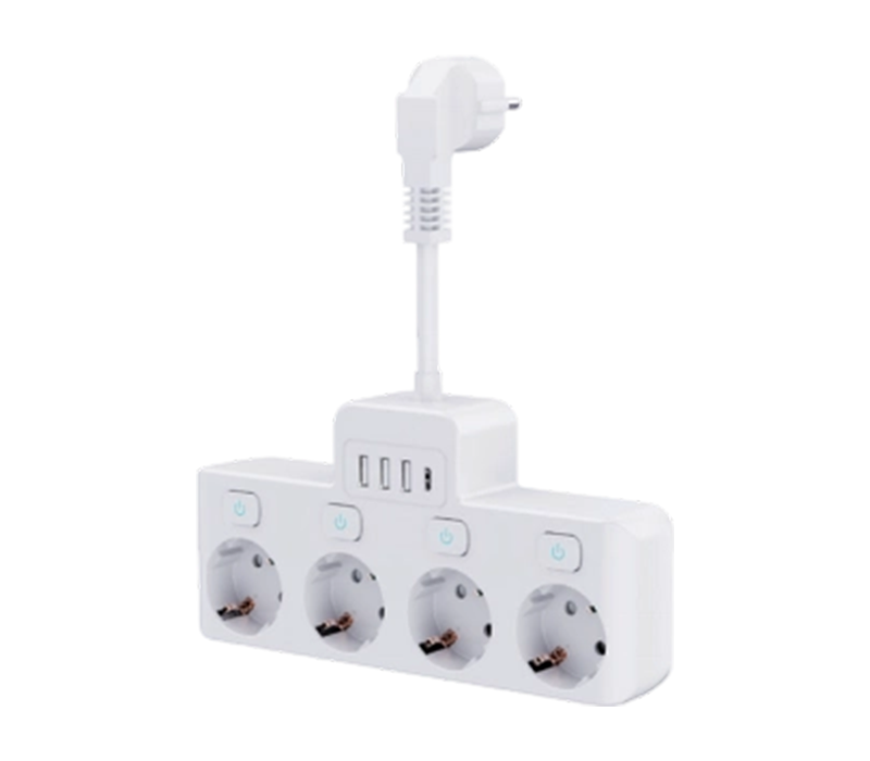 Tira de alimentación con cable E14-4 con 4 tomas de corriente de estilo europeo, 3 puertos USB-A y 1 puerto USB-C, con interruptor independiente