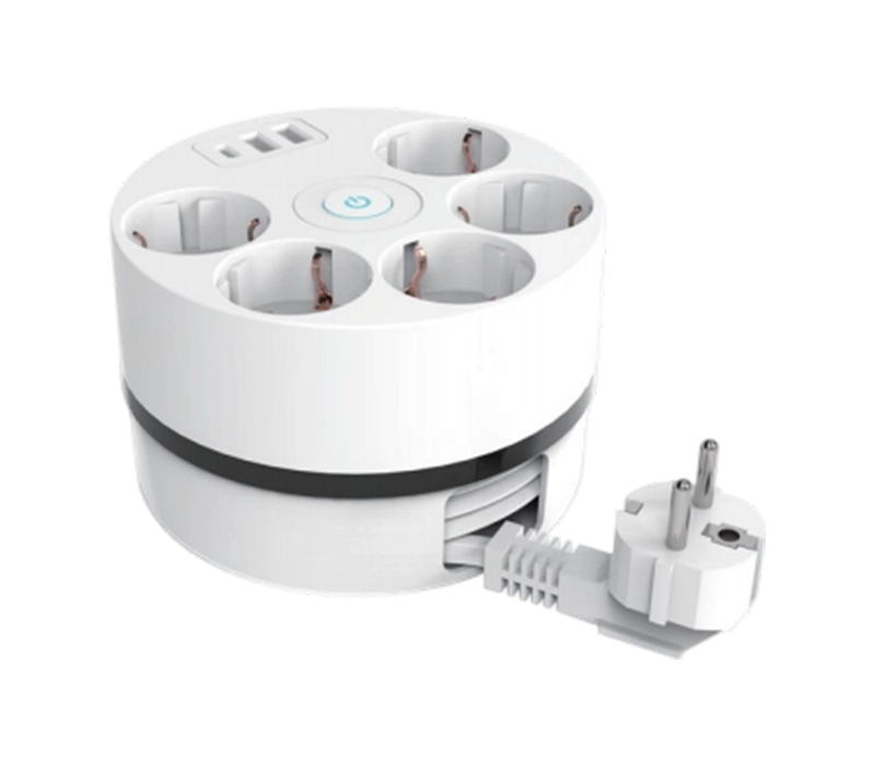 Tira de alimentación con carrete de cable E18 con cable retráctil, 5 tomas de corriente de estilo europeo, 2 puertos USB-A y 1 puerto USB-C, interruptor incluido