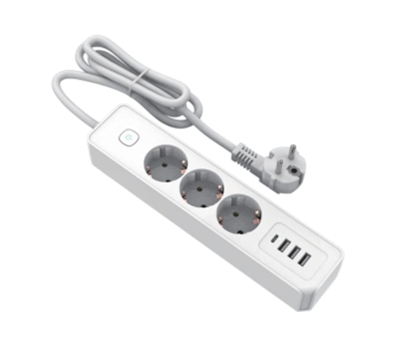 E21-3 Tira de alimentación de estilo europeo con 3 tomas de corriente, 3 puertos USB-A y 1 puerto USB-C, interruptor incluido