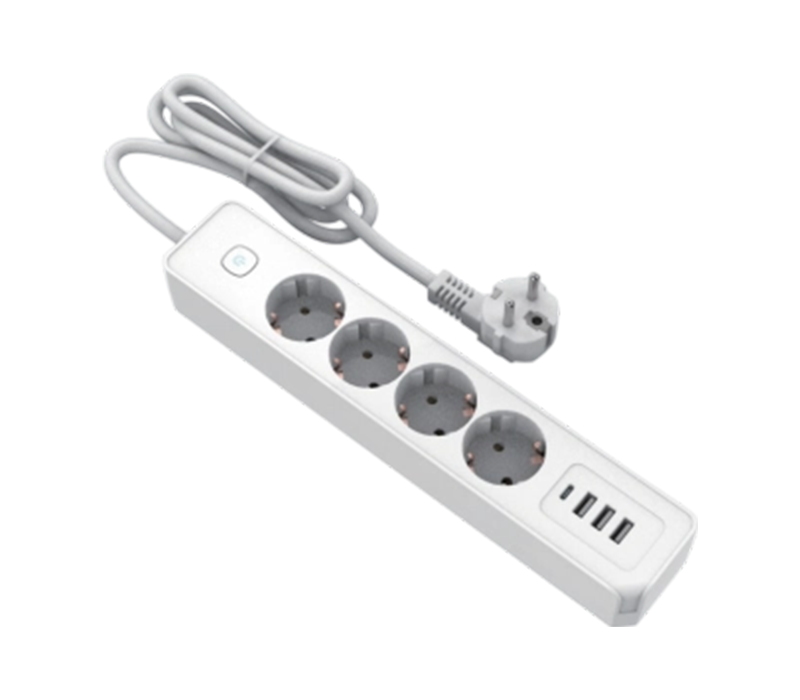 E21-4 Tira de alimentación de estilo europeo con 4 tomas de corriente, 3 puertos USB-A y 1 puerto USB-C, interruptor incluido