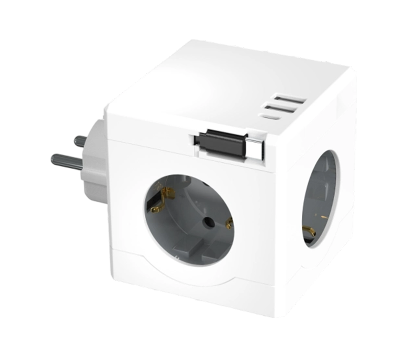 Tira de alimentación cúbica enchufable E15-D con 3 tomas de corriente de estilo europeo, 2 puertos USB-A y 1 puerto USB-C, con cable de carga retráctil