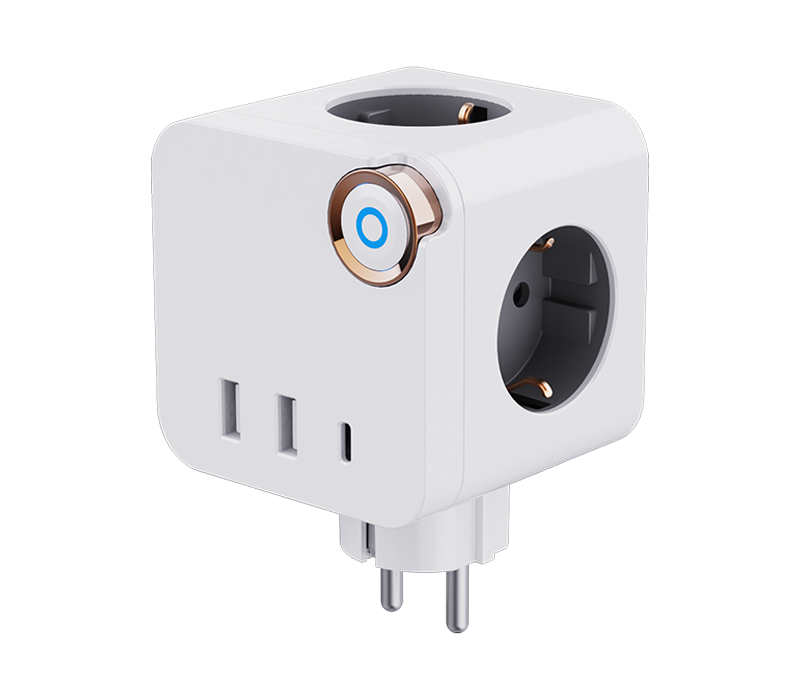 Tira de alimentación cúbica enchufable E19 con 3 tomas de corriente de estilo europeo, 2 puertos USB-A y 1 puerto USB-C, con interruptor